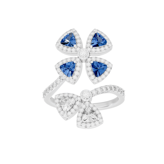 Sterling silver lab diamond ring with blue teardrop petals and a central round diamond