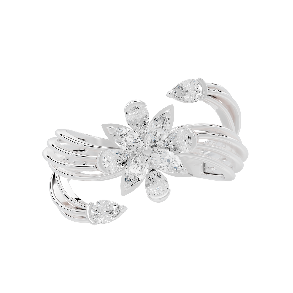 Sterling silver lab diamond ring with three round stones flower design