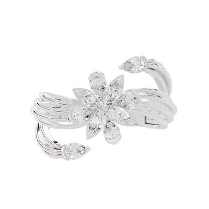 Sterling silver lab diamond ring with three round stones flower design