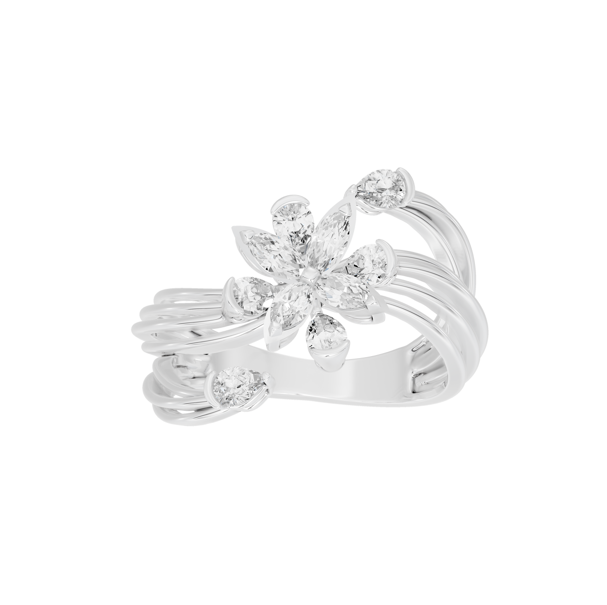 Sterling silver lab diamond ring with central flower and slim stacked bands