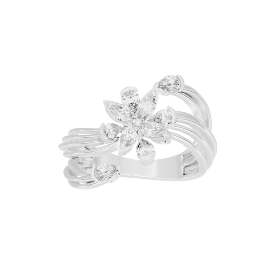Sterling silver lab diamond ring with central flower and slim stacked bands