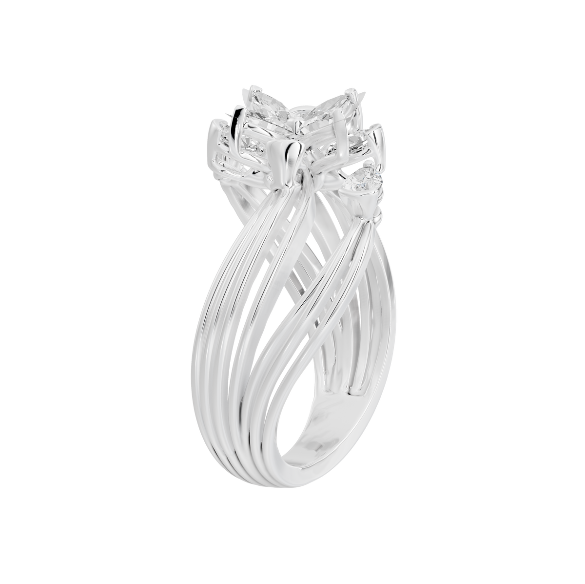 Sterling silver lab diamond ring with multi-prong floral bow setting