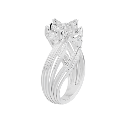 Sterling silver lab diamond ring with multi-prong floral bow setting