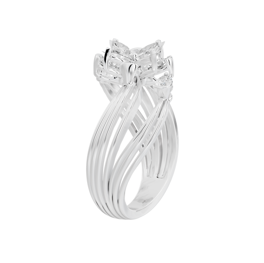 Sterling silver lab diamond ring with multi-prong floral bow setting