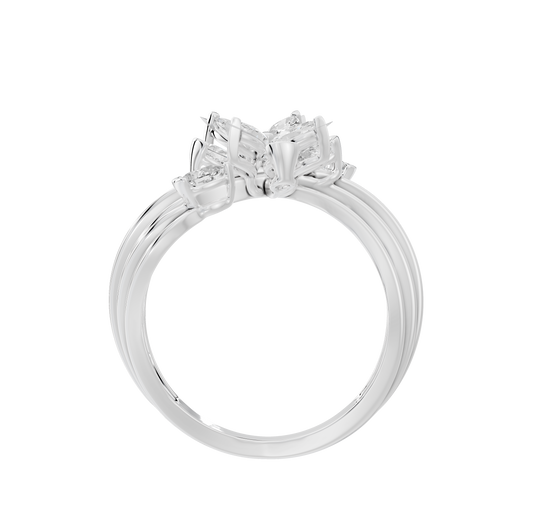 Sterling silver lab diamond ring viewed from above, openwork floral top