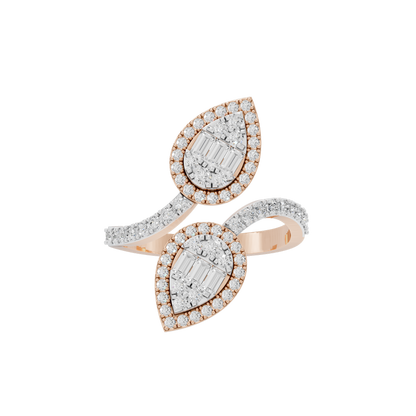 Rose gold vermeil lab diamond duo ring with two pear-cut stones in halos