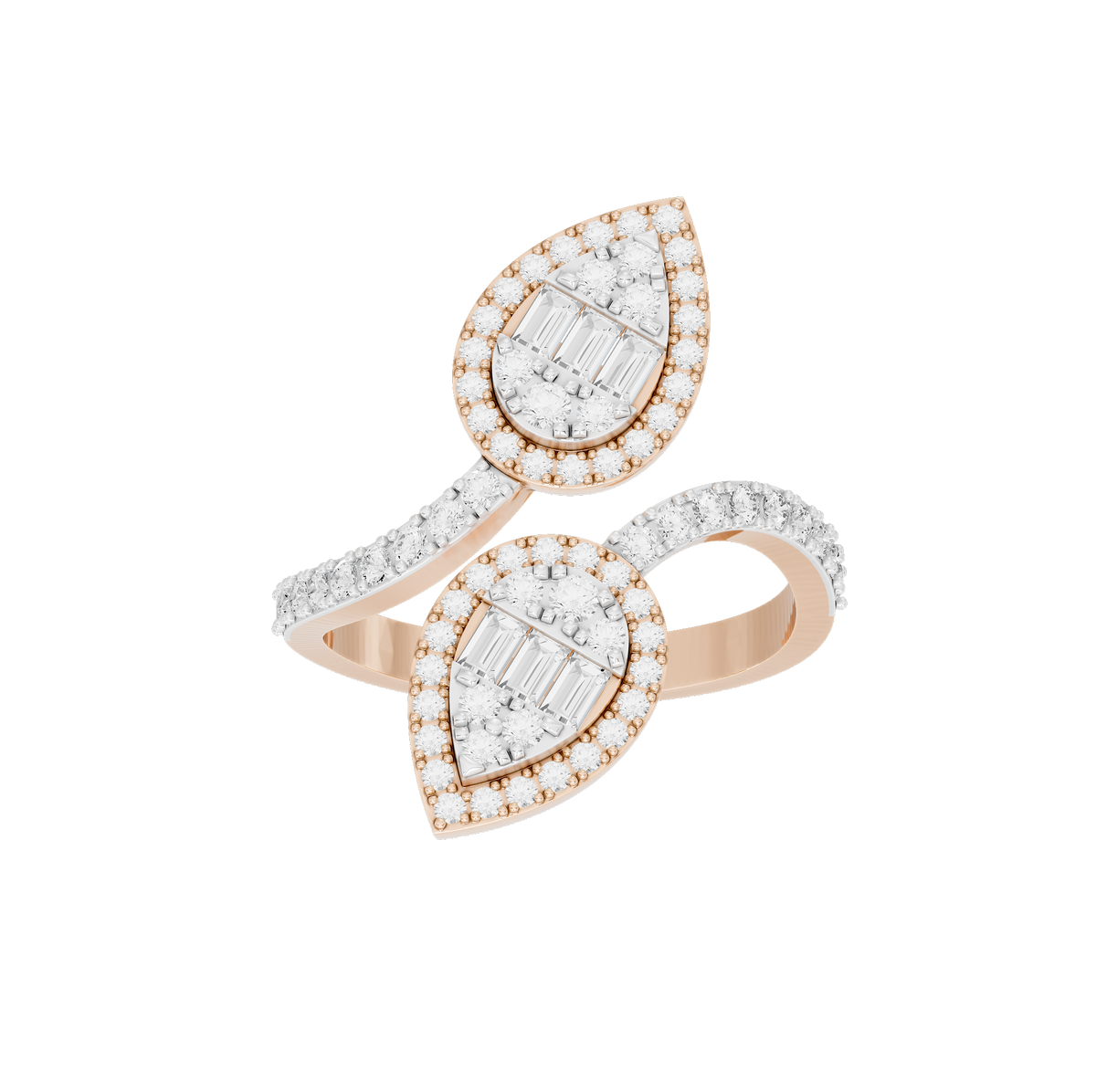 Rose gold vermeil lab diamond duo ring, pear-cut center stones with halo and band