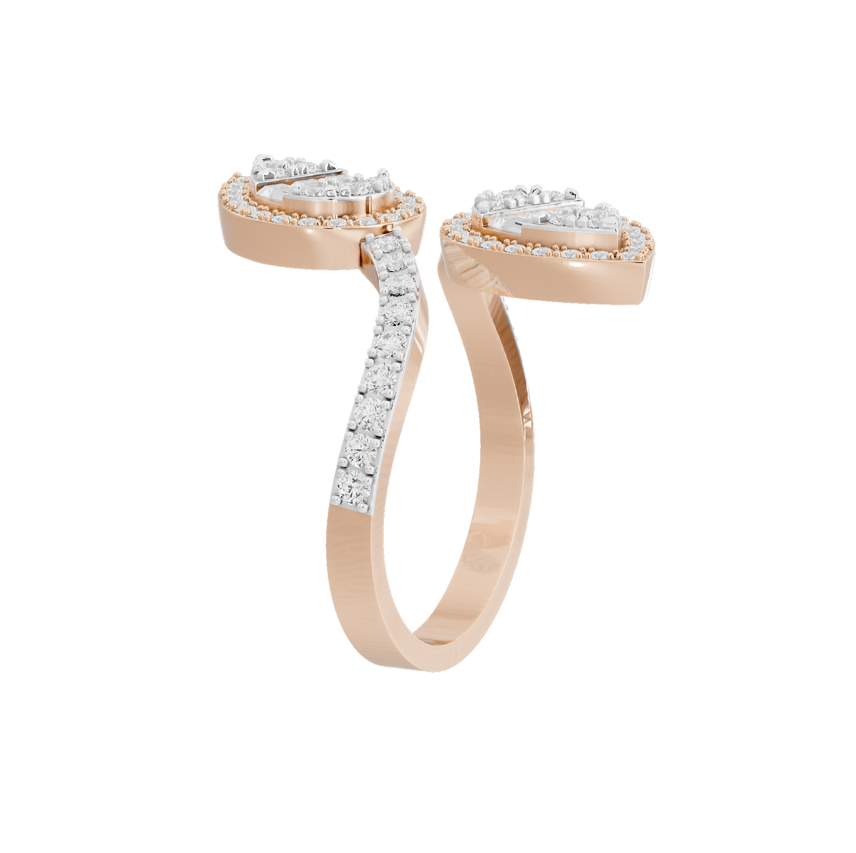 Rose gold vermeil lab diamond duo ring with two pear-cut halos and sculpted shank