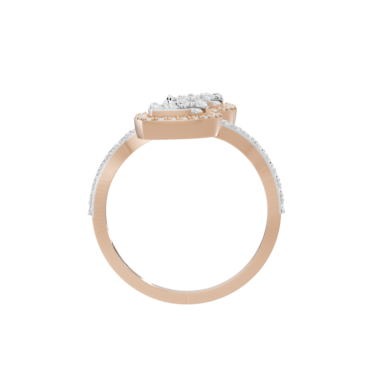 Rose gold vermeil lab diamond duo ring shown from the side with full halo setting