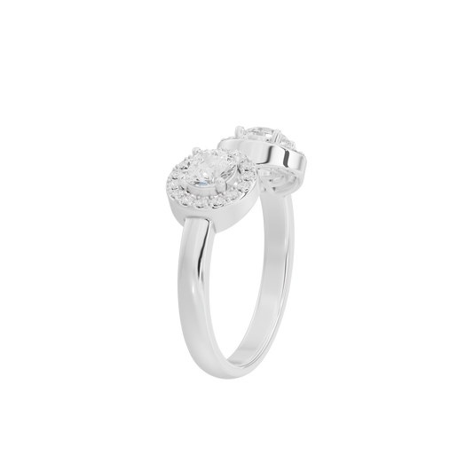 Sterling silver double lab diamond ring with two round halo stones on split band