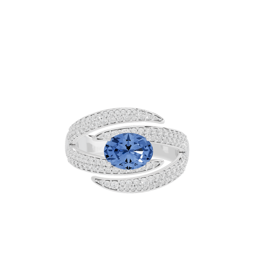 Sterling silver lab diamond ring with oval blue center stone in pavé double band
