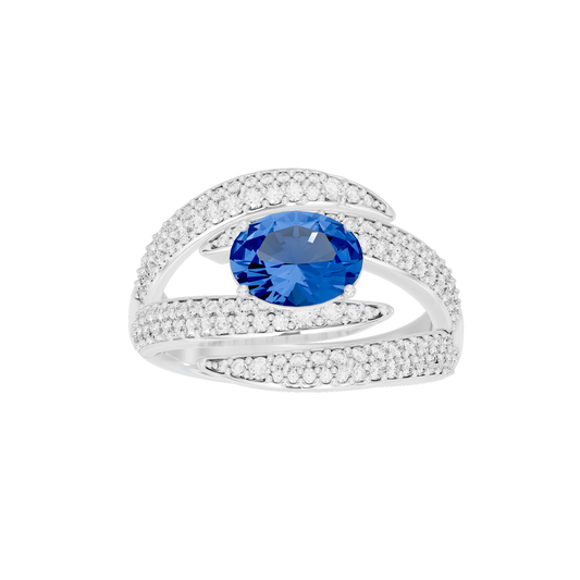 Sterling silver lab diamond ring with oval blue center stone and pavé halo bands