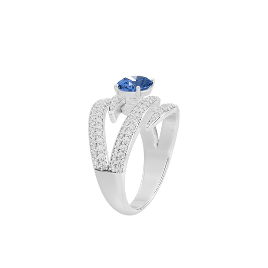 Sterling silver lab diamond ring side view with oval blue center stone and pavé shank