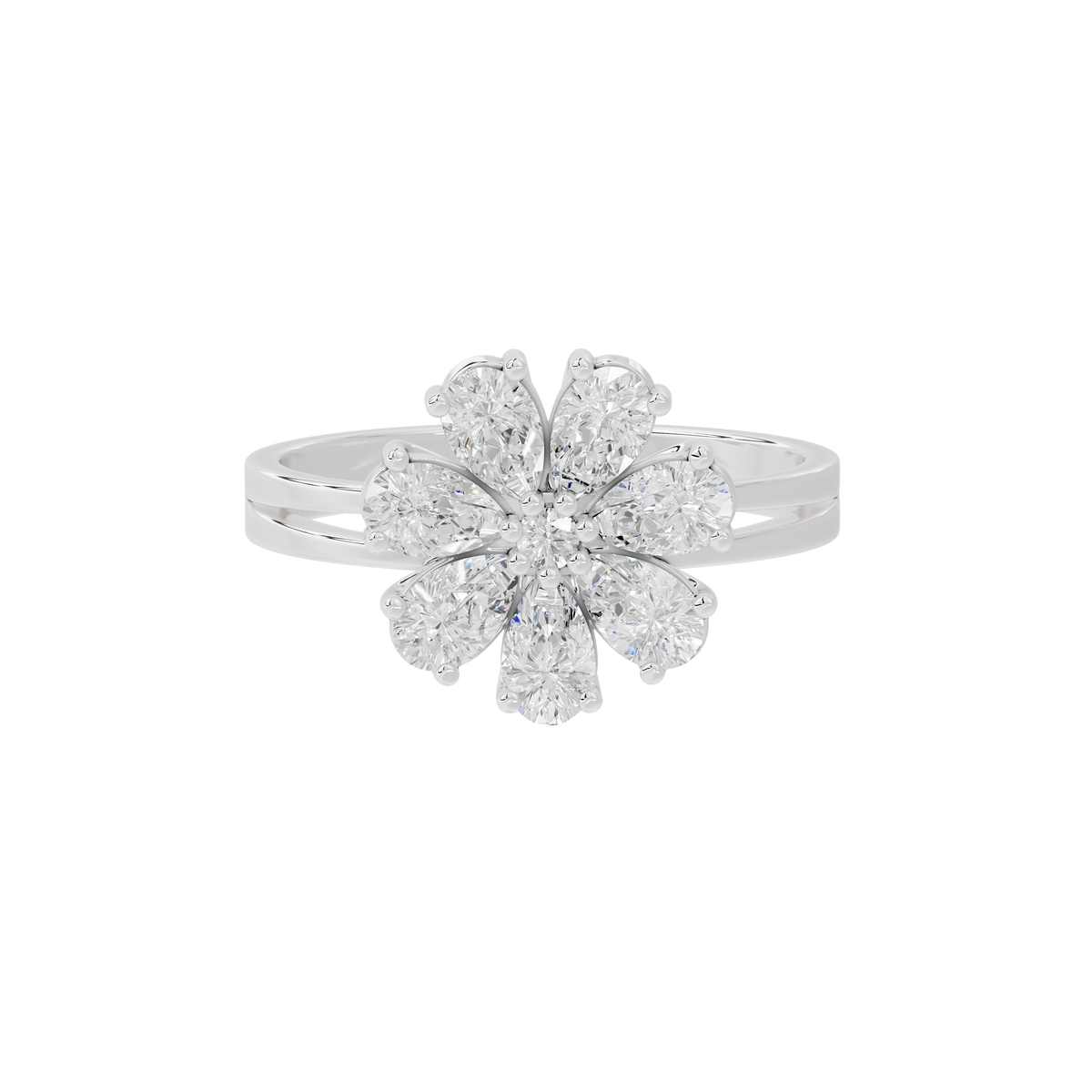 Sterling silver lab diamond ring with flower cluster of round diamonds