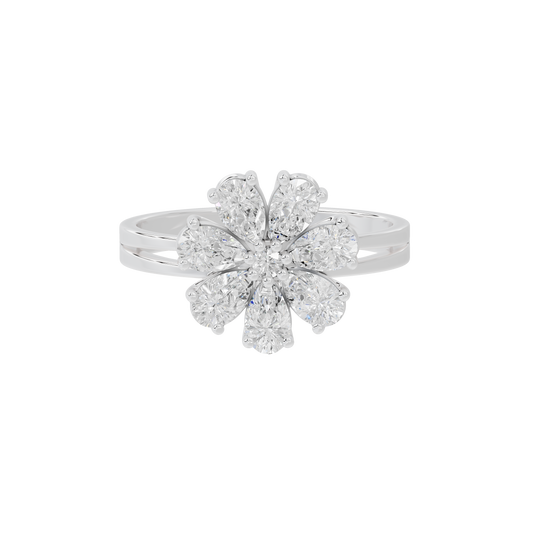 Sterling silver lab diamond ring with flower cluster of round diamonds