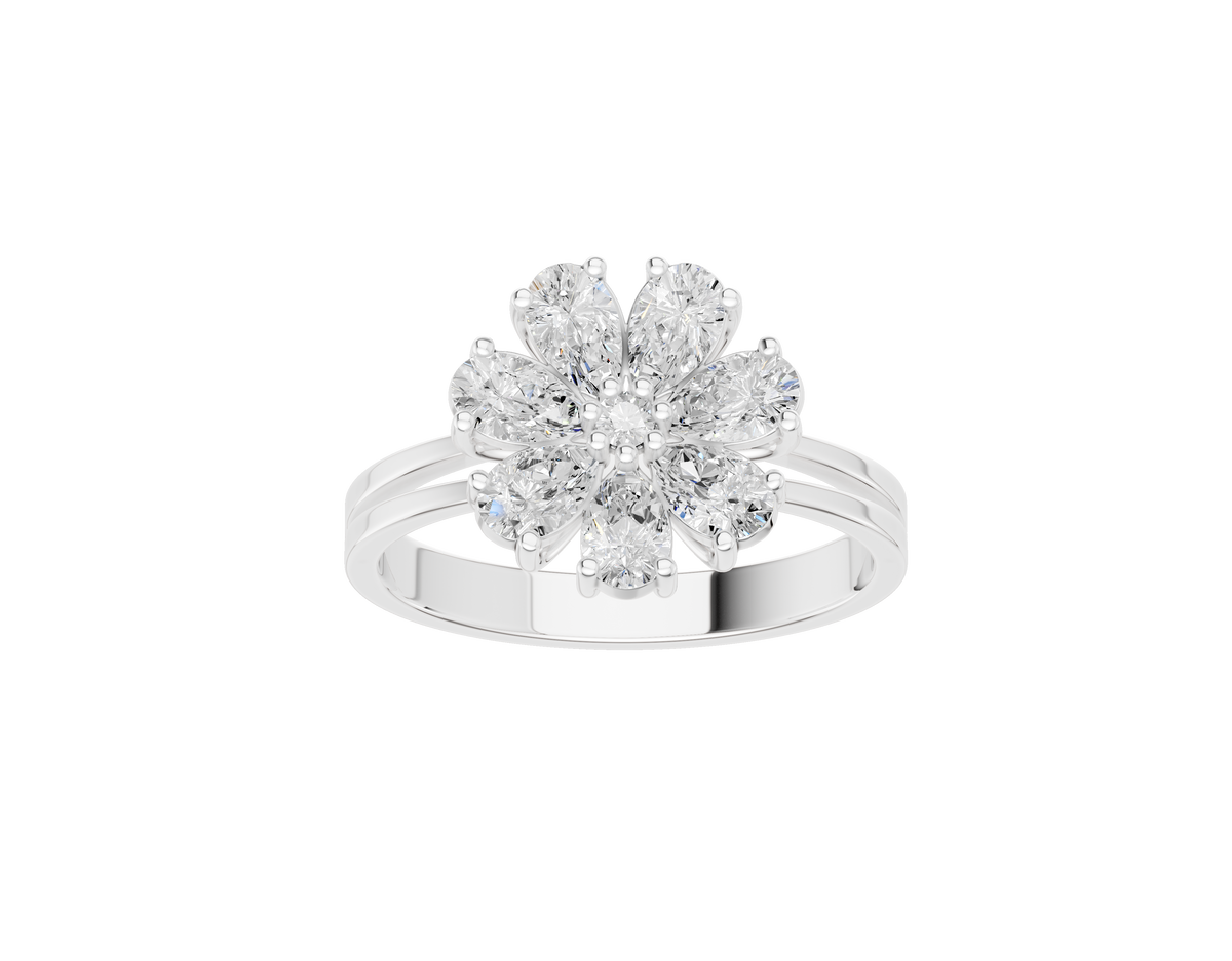 Sterling silver lab diamond ring with round center stone and petal-style halo