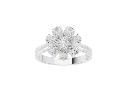 Sterling silver lab diamond ring with round center stone and petal-style halo