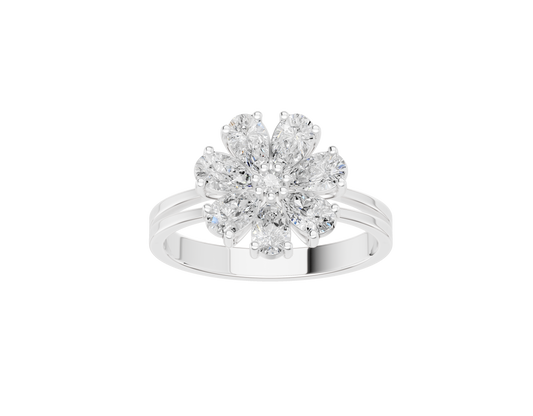 Sterling silver lab diamond ring with round center stone and petal-style halo
