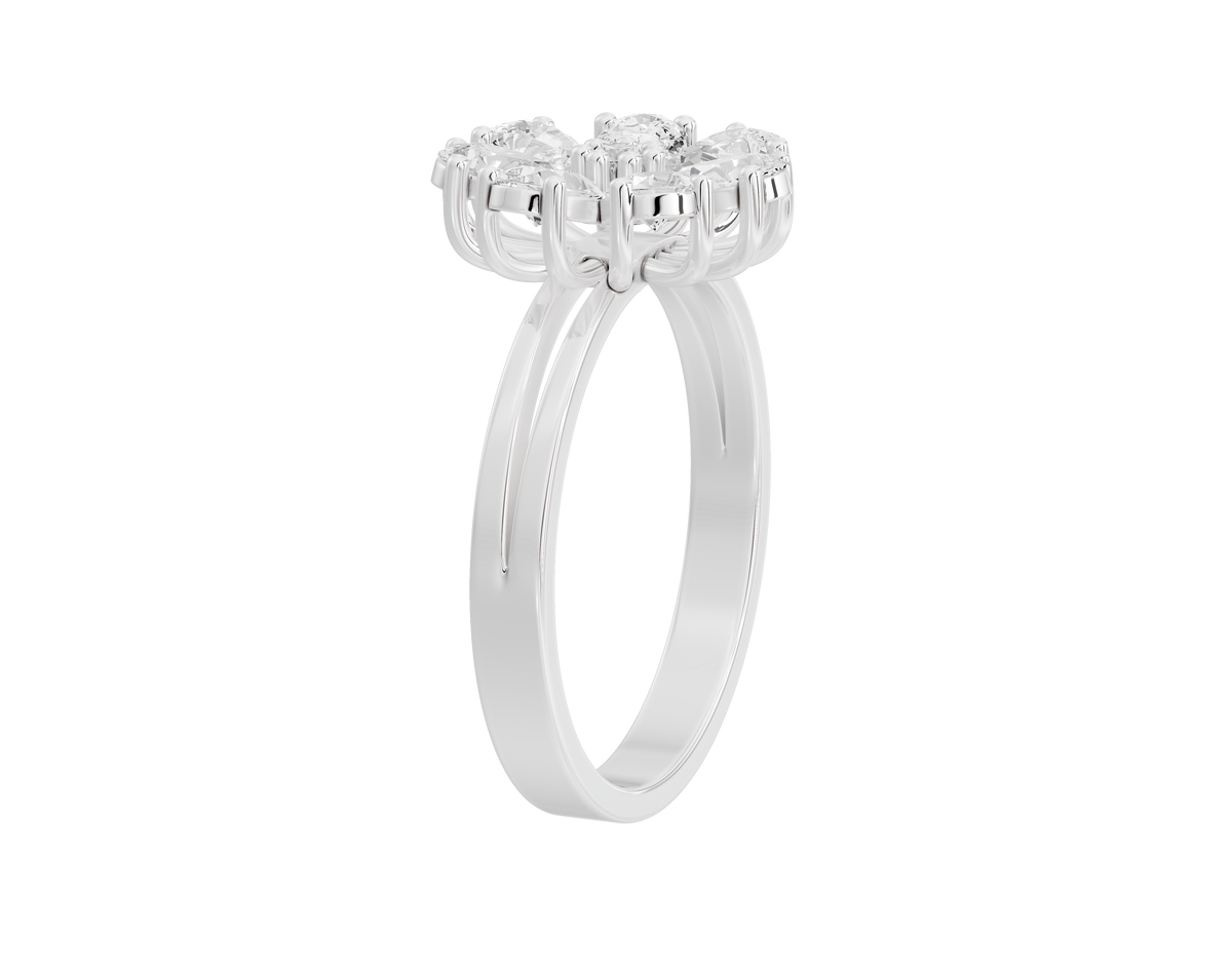 Sterling silver lab diamond ring with cluster centerpiece and halo band
