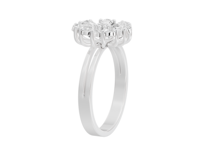 Sterling silver lab diamond ring with cluster centerpiece and halo band