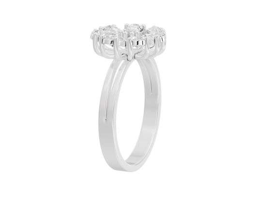 Sterling silver lab diamond ring with cluster centerpiece and halo band