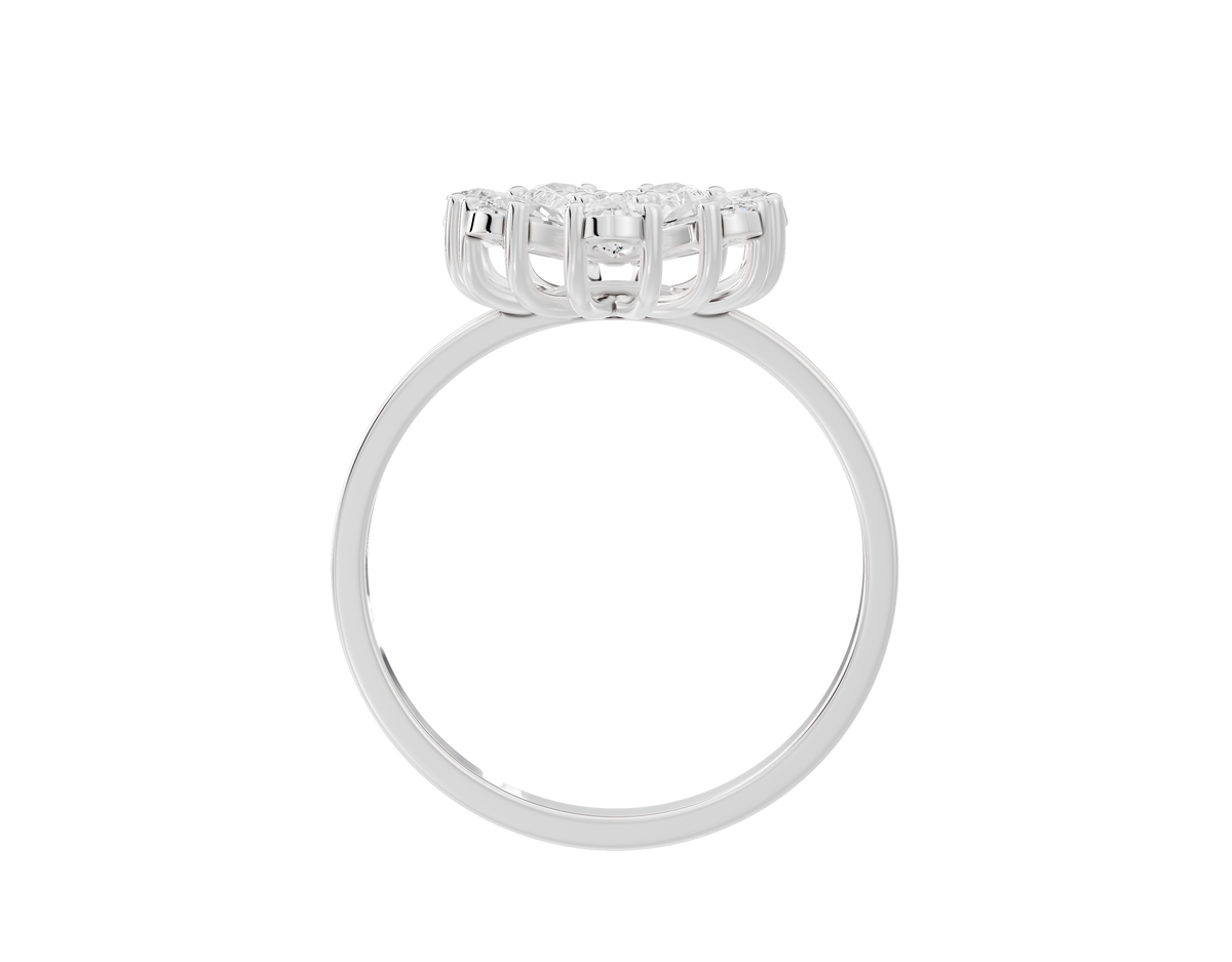 Sterling silver lab diamond ring, side view of curved pavé halo band