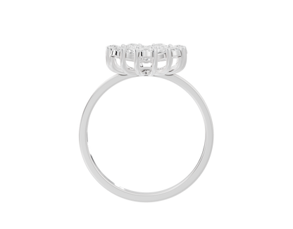 Sterling silver lab diamond ring, side view of curved pavé halo band