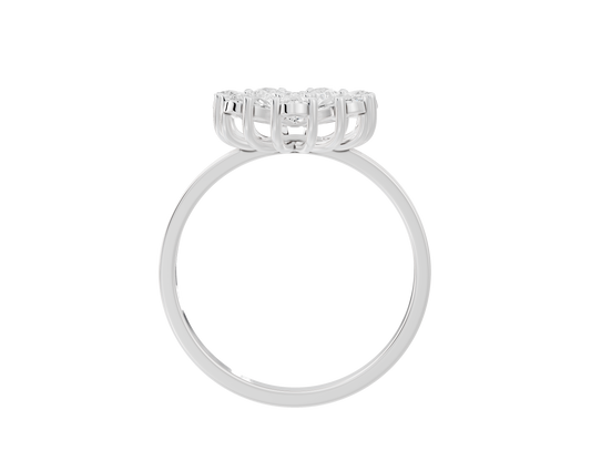 Sterling silver lab diamond ring, side view of curved pavé halo band