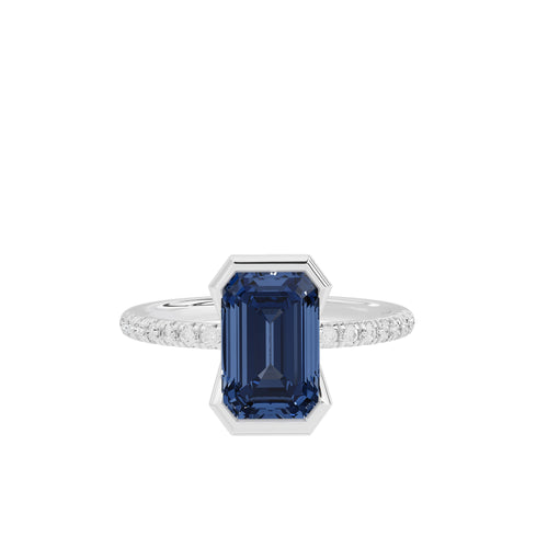 Skyfall bezel lab diamond ring in 925 sterling silver, blue octagon stone