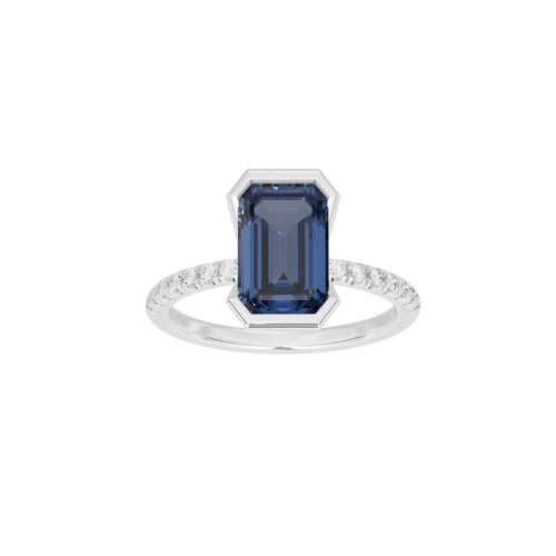Skyfall bezel lab diamond ring in 925 sterling silver with blue rectangular stone