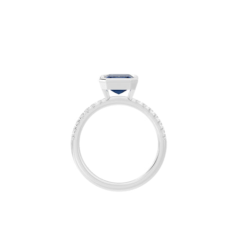 Skyfall bezel lab diamond ring with pave band and blue center stone