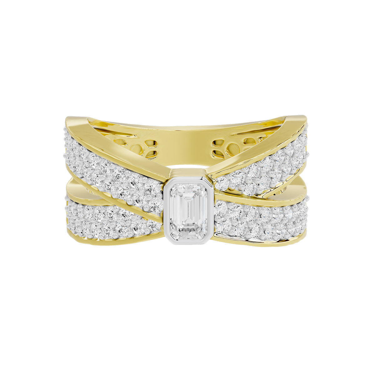 Yellow gold vermeil lab diamond ring with rectangular center stone and pavé bands