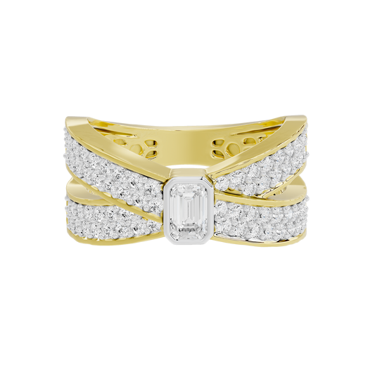 Yellow gold vermeil lab diamond ring with rectangular center stone and pavé bands
