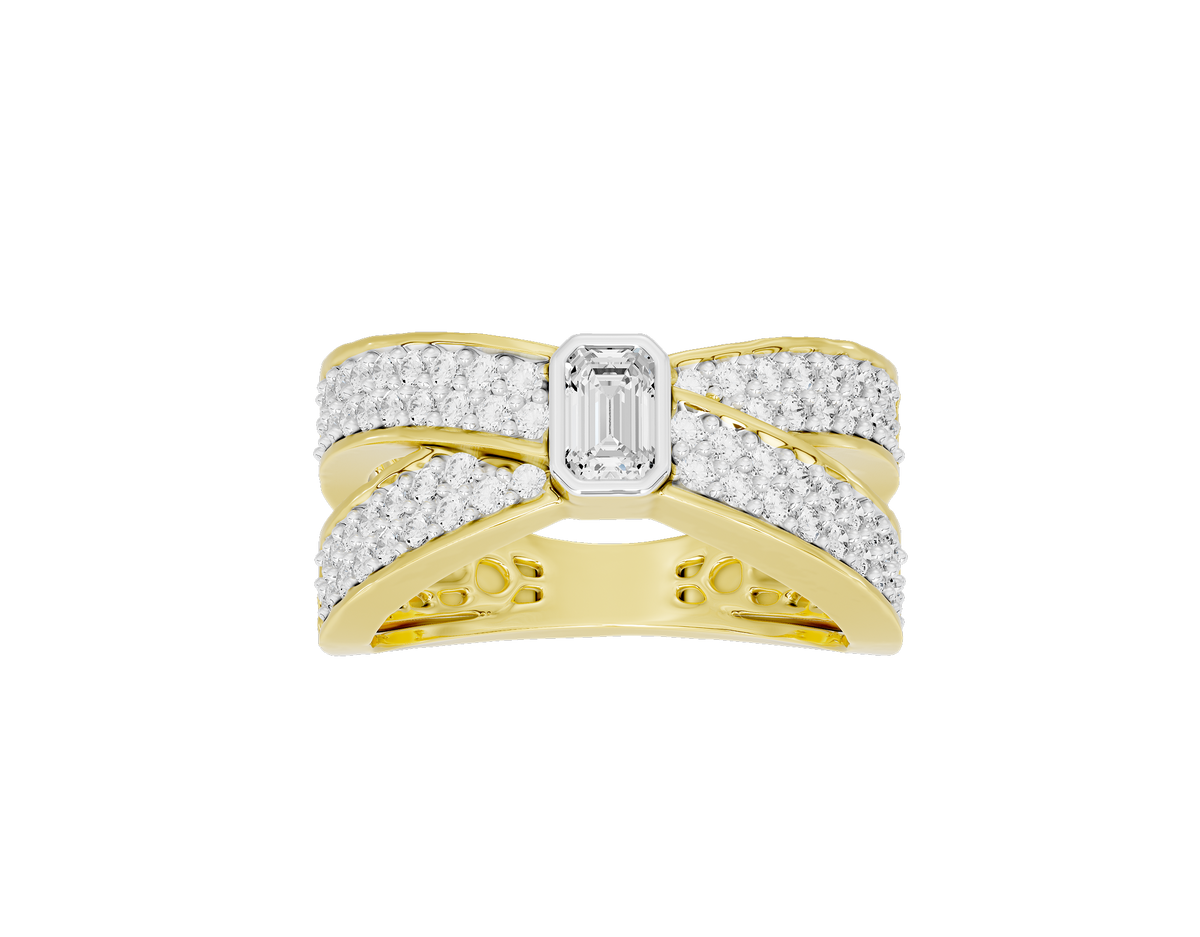 Yellow gold vermeil lab diamond ring with rectangular center stone and pavé top band