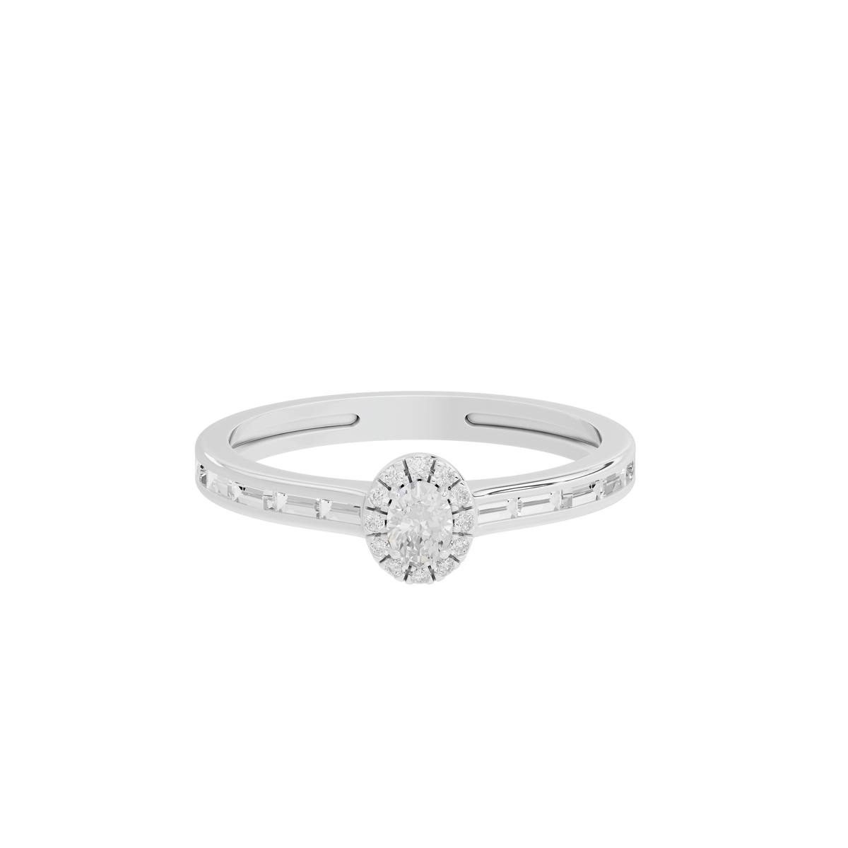 Sterling silver lab diamond ring with round center stone and side pavé details