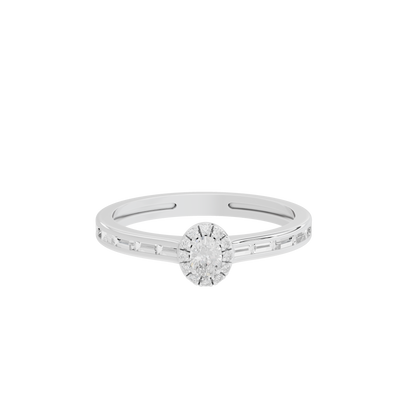 Sterling silver lab diamond ring with round center stone and side pavé details