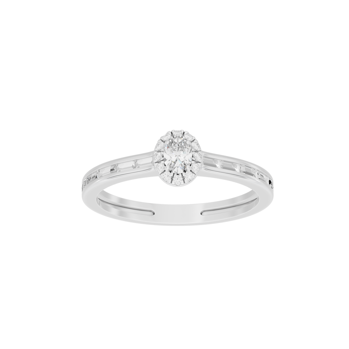 Sterling silver lab diamond ring with round center stone on a slim pavé band