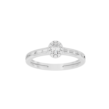 Sterling silver lab diamond ring with round center stone on a slim pavé band