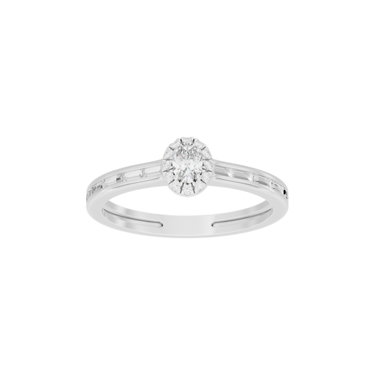 Sterling silver lab diamond ring with round center stone on a slim pavé band