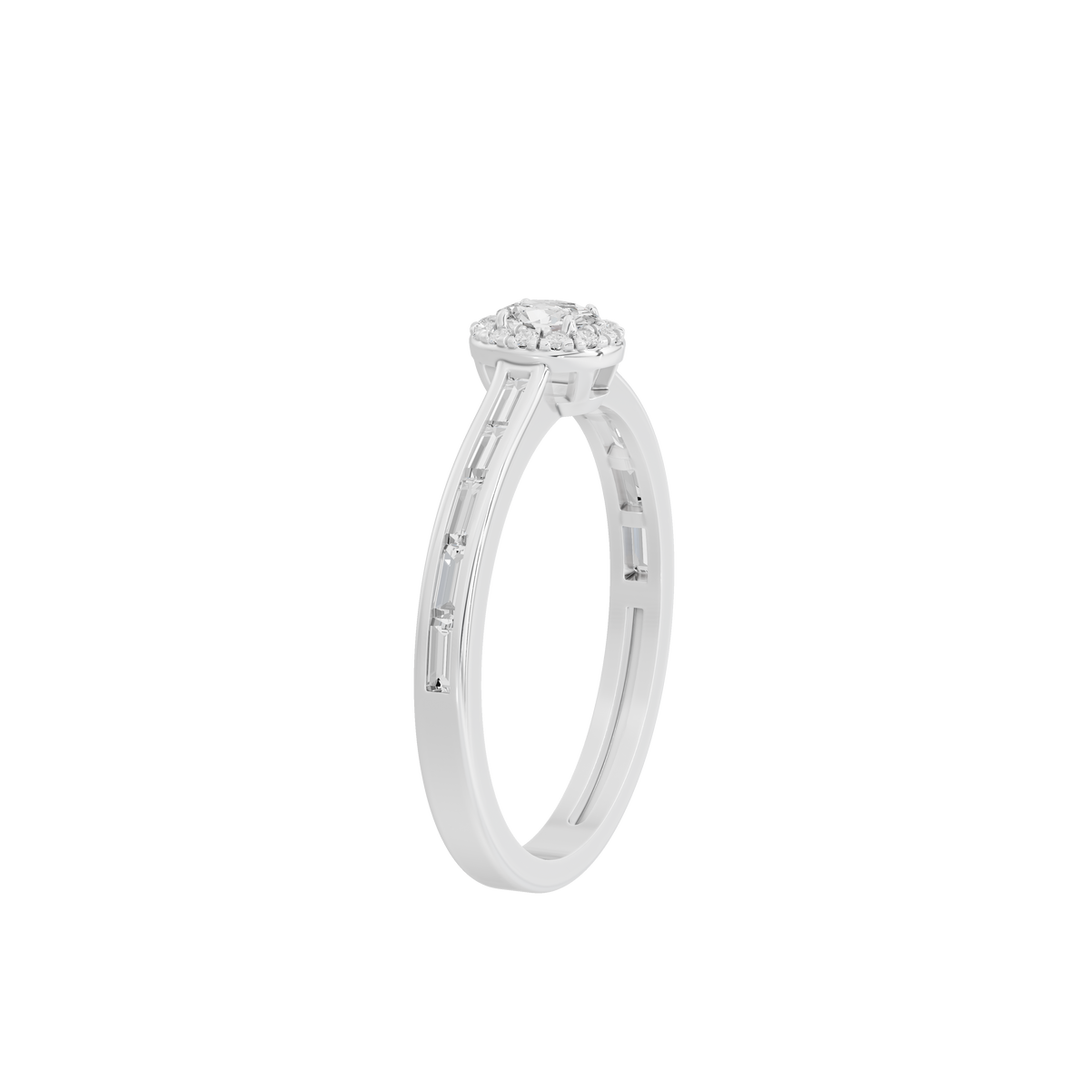 Sterling silver lab diamond ring side view with round center stone and small pavé accents