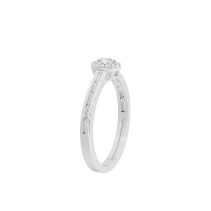 Sterling silver lab diamond ring side view with round center stone and small pavé accents