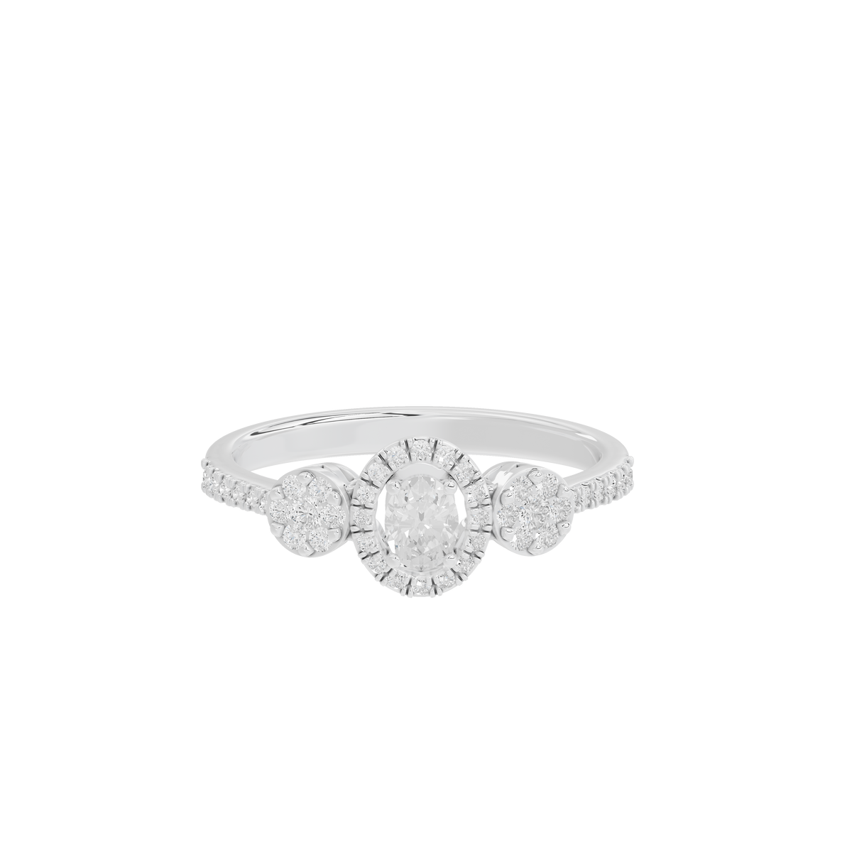 Sterling silver lab diamond ring with three-stone crown and pavé band, side view