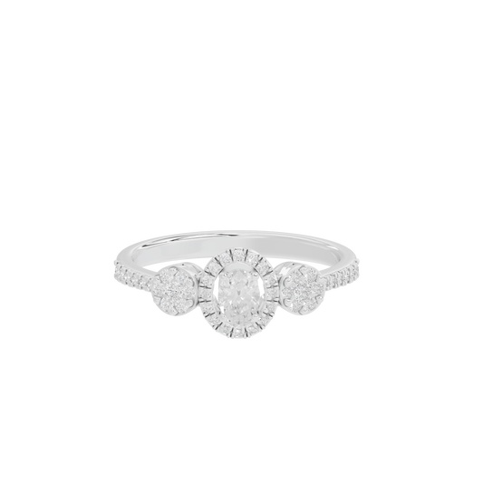 Sterling silver lab diamond ring with three-stone crown and pavé band, side view