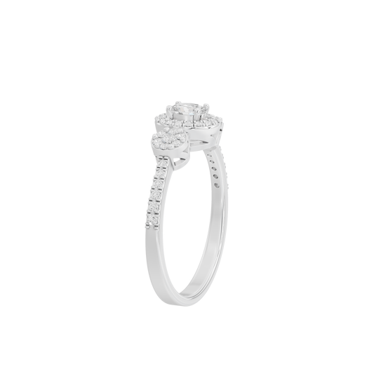Sterling silver lab diamond ring with round side and center stones, angled view