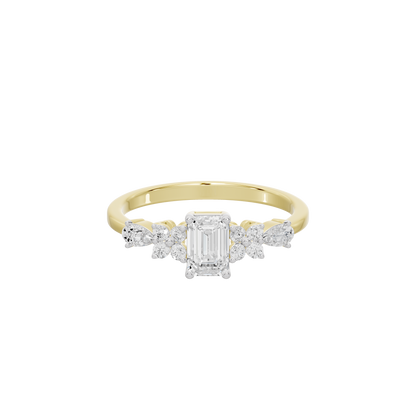 Yellow gold diamond ring with emerald-cut center and two side diamond clusters