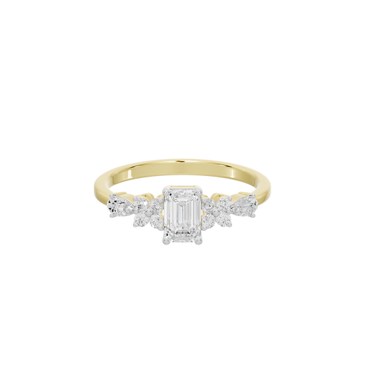 Yellow gold diamond ring with emerald-cut center and two side diamond clusters