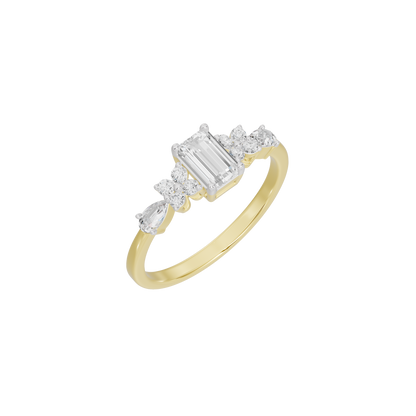 Yellow gold diamond ring with emerald-cut center and angled side diamond stones