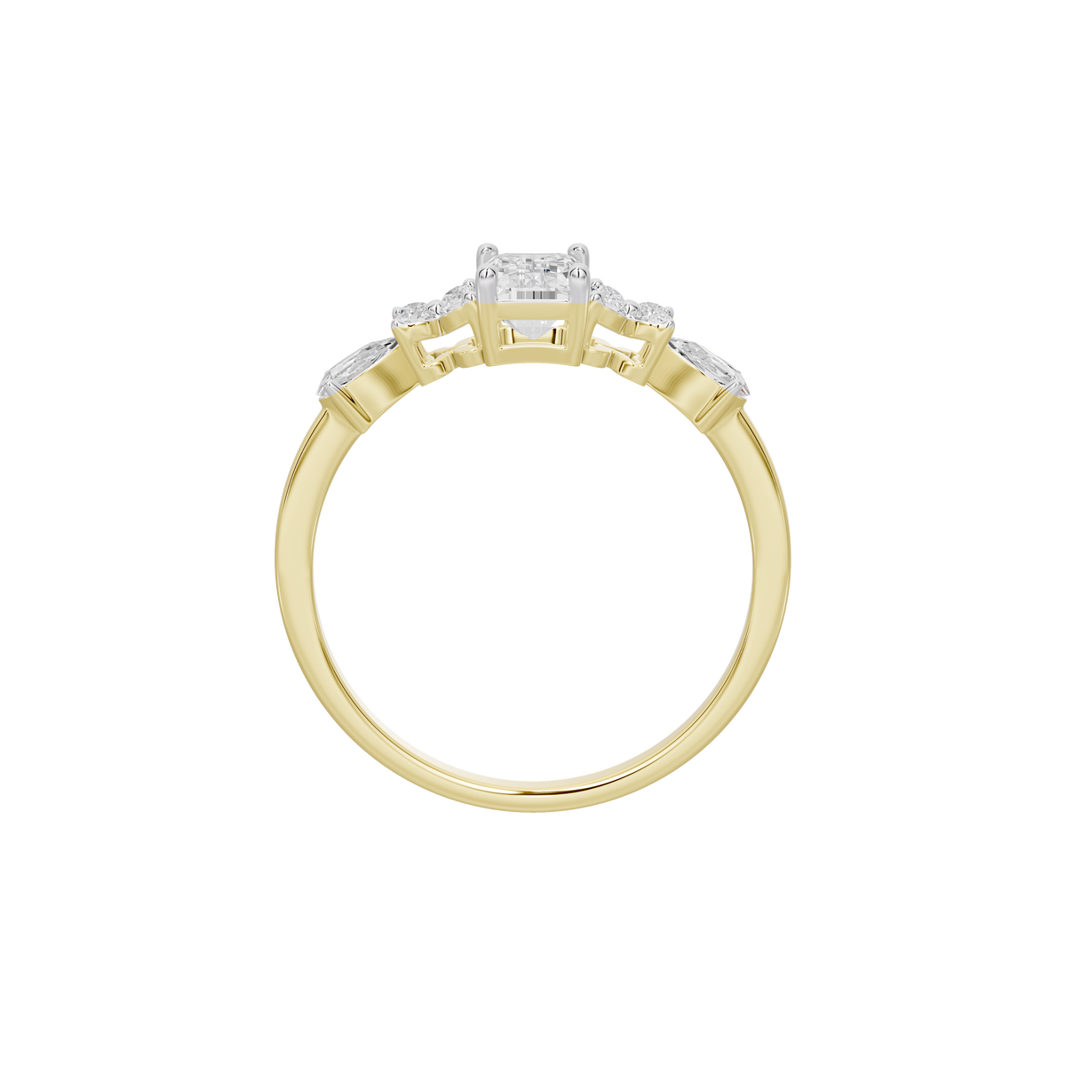 Yellow gold diamond ring with emerald-cut center and split-shank sparkle