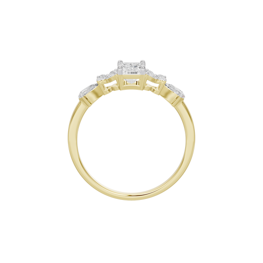 Yellow gold diamond ring with emerald-cut center and split-shank sparkle