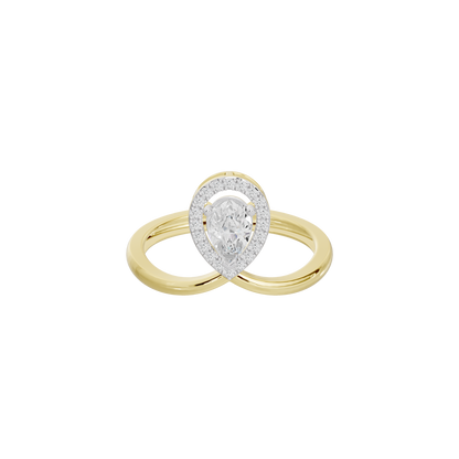 Yellow gold vermeil ring with pear-shaped lab diamond center in double-band setting.